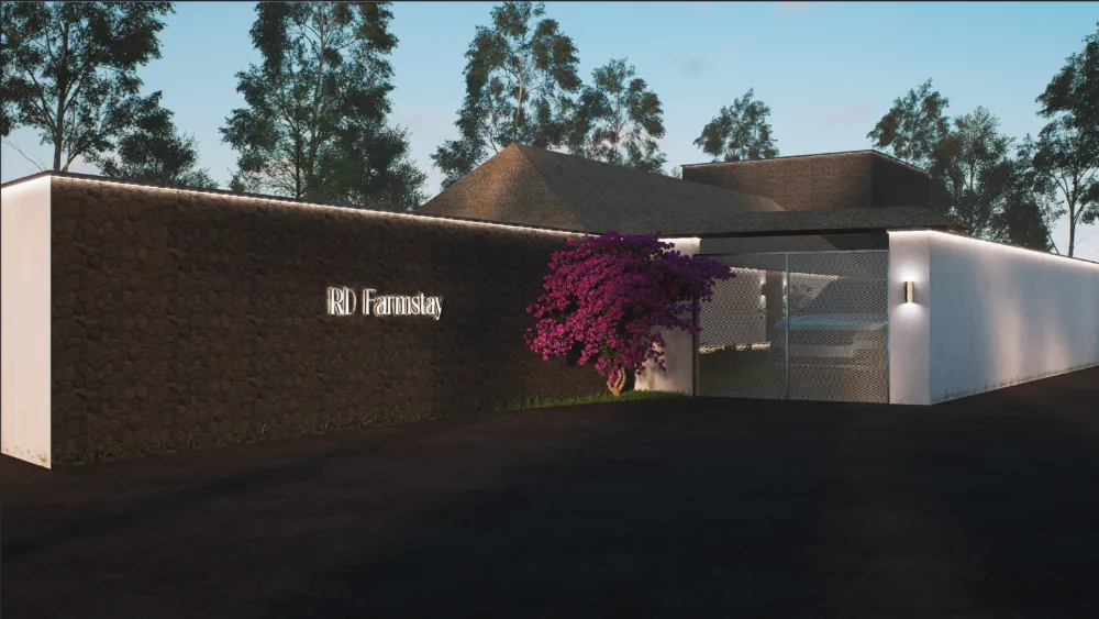 Entrance wall with RD Farmstay signage and a flowering bougainvillea