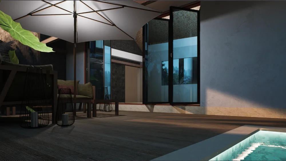 Shaded pool deck seating under a parasol at the villa doors