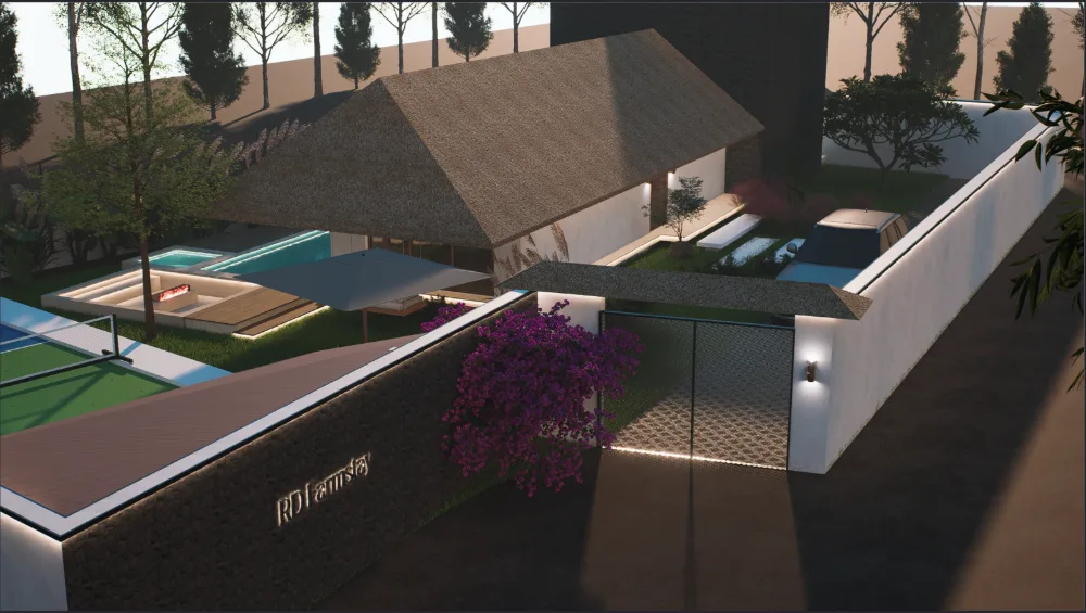 Aerial view of the retreat — pool, court and pavilion behind the gate