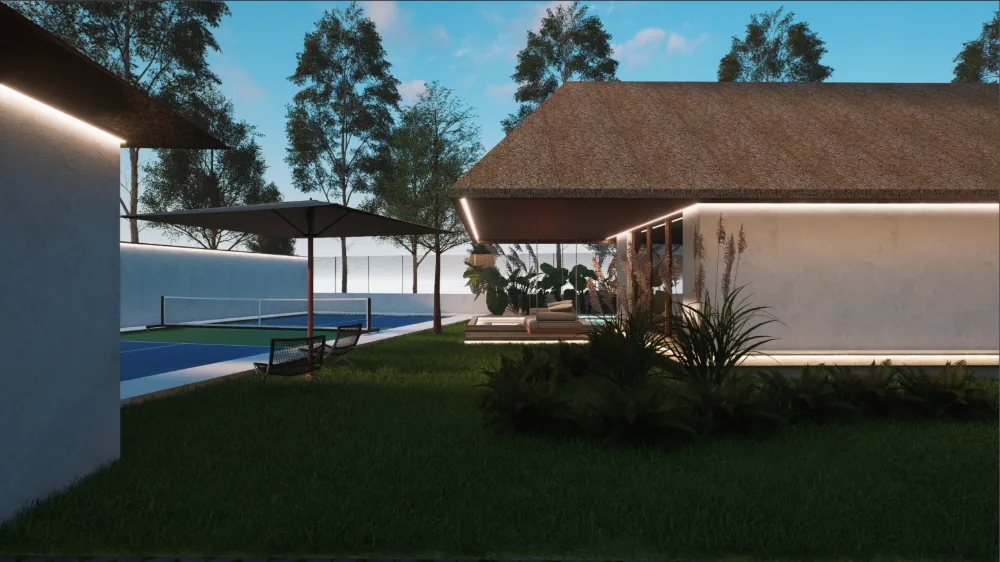 Open-air lounge pavilion facing the lawn and court