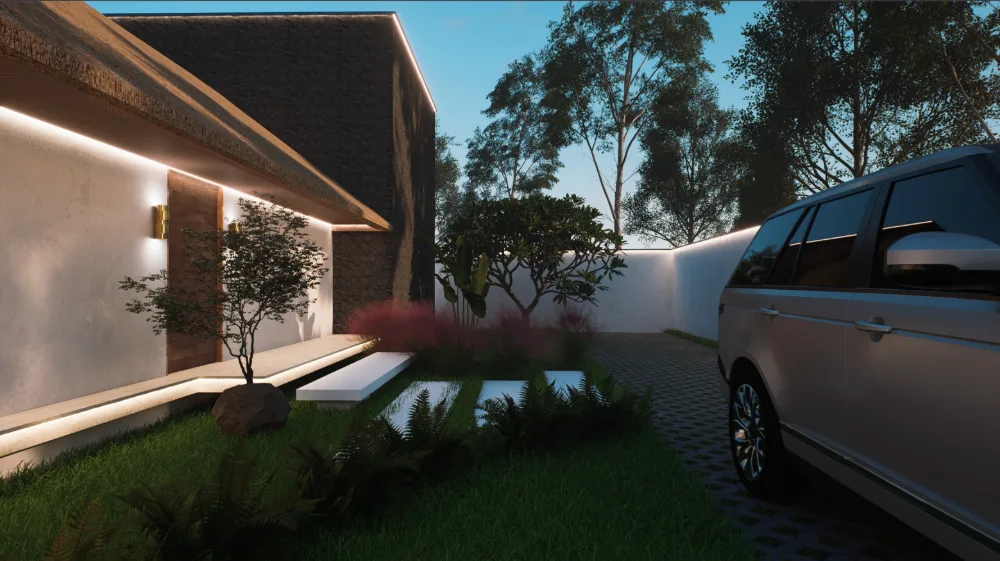Landscaped side courtyard with stepping stones over a water feature
