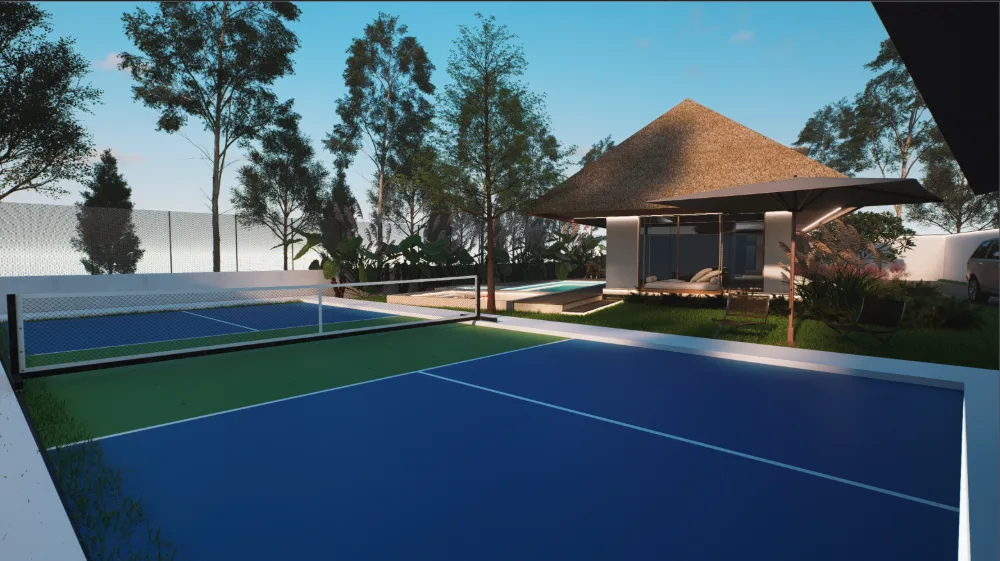 Full-size sports court beside the poolside pavilion