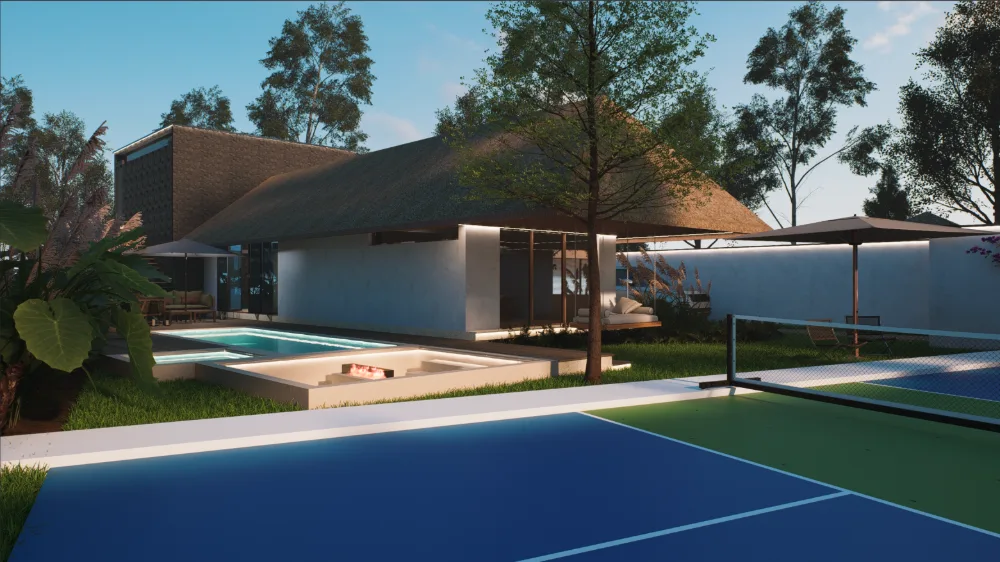 Pool and sunken lounge viewed across the sports court