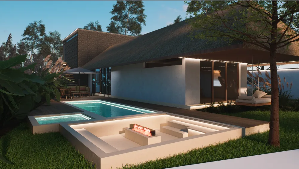 Pool deck with plunge pool and a sunken fire-pit lounge
