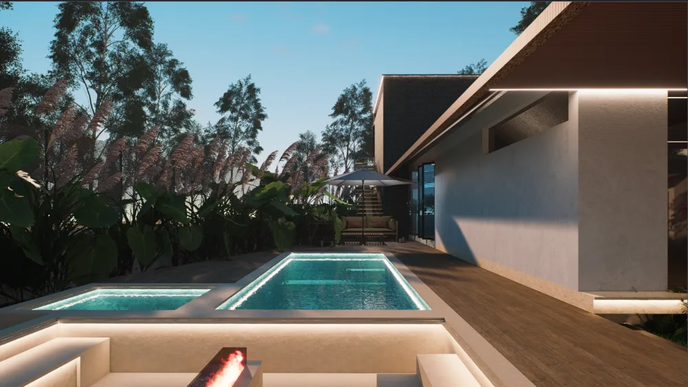 Poolside seating around the lit fire pit at golden hour